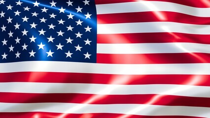 Fototapeta premium Glossy waving United States flag background with silk satin texture and highlights