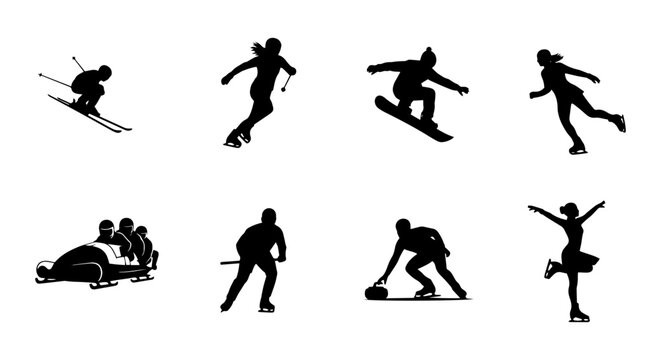 Winter Sports Silhouettes: Skiing, Snowboarding, Bobsled, Hockey, Curling, Figure Skating Icons