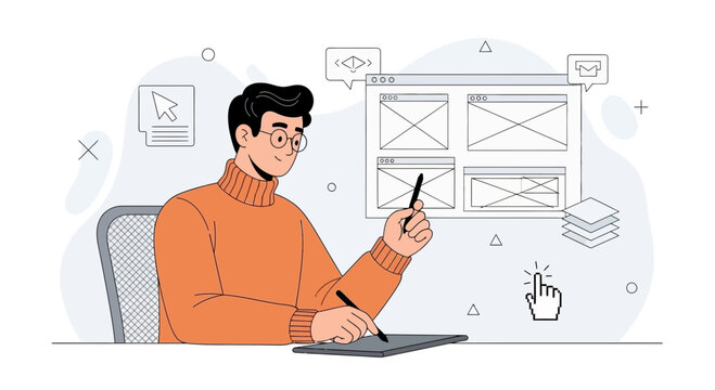Graphic Designer Working on Website Wireframes and UI UX Design with Digital Tablet