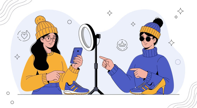 Influencers Showcase Footwear Online with Smartphone and Ring Light