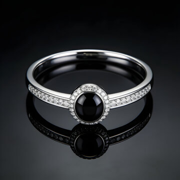 Silver ring with black cabochon and diamond halo on dark reflective background