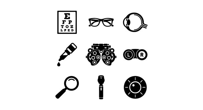Optometry Icons Set, Eye Care Symbols, Vision Test Chart, Eyeglasses, Ophthalmoscope, Contact Lenses