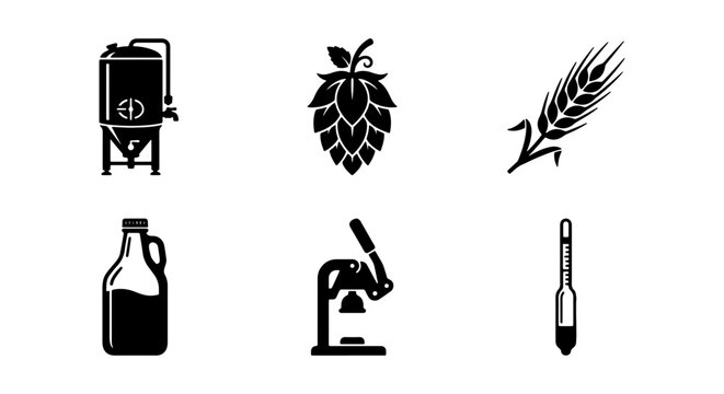 Brewing Icons: Fermentation Tank, Hop, Wheat, Growler, Press, Hydrometer Set