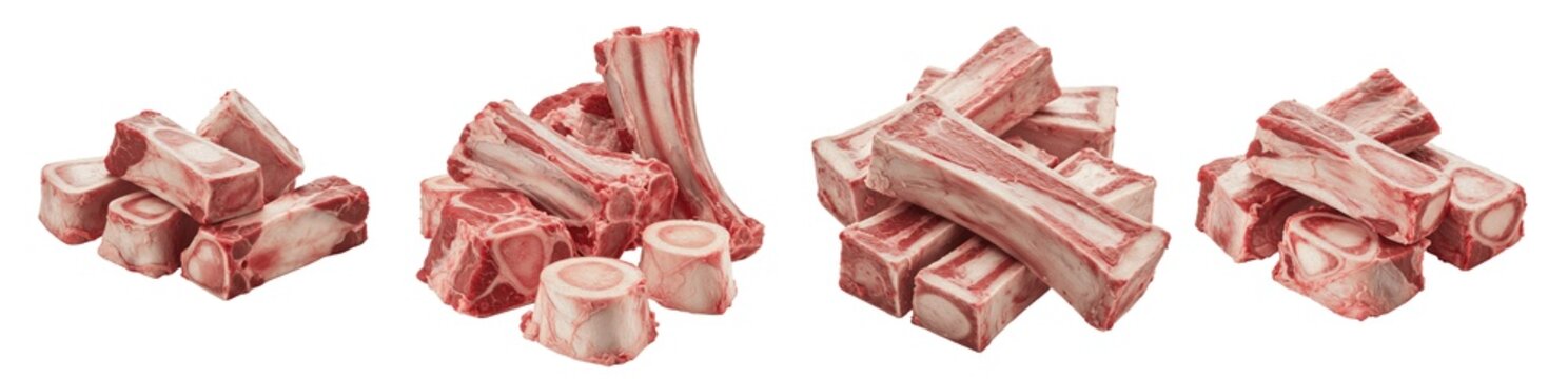 Fresh Raw Beef Bones and Rib Pieces Collection for Soup Stock and Culinary Broth Preparation, Isolated Studio Photography on White Background, High Quality Meat Cut Sets for Gastronomy and Professiona