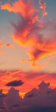Vibrant hues dance across the sky as sunset approaches, with dynamic clouds creating a kaleidoscope of colors, summer, sky