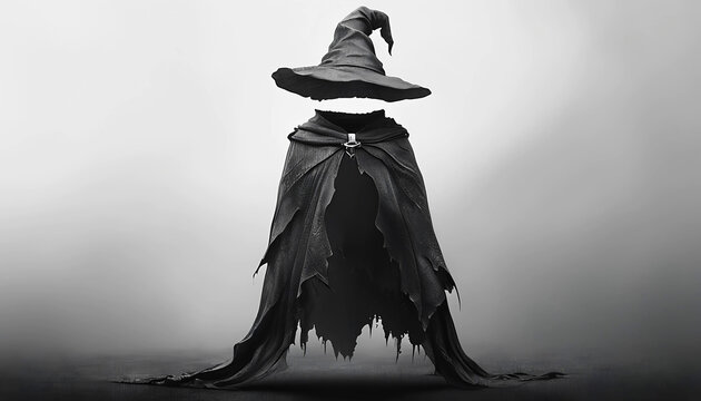 immagine di una persona invisibile che indossa un cappello a punta da mago e un mantello, image of an invisible person wearing a pointed wizard hat and a cloak