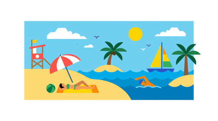 Obraz premium Summer Beach Vacation: Woman Sunbathing, Man Swimming, Sailboat, Lifeguard Tower