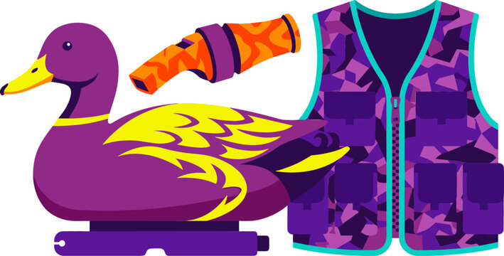 Duck Hunting Equipment Vector Set Featuring Camouflage Vest Mallard Decoy and Orange Bird Call Whistle for Outdoor Sports Graphic Designs