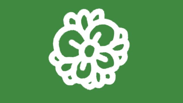 Blooming flower blossom hand-drawn cartoon graphic with chalk outline mandala flora and spring celebration notification icon isolated on green screen background for botany line art element concept.
