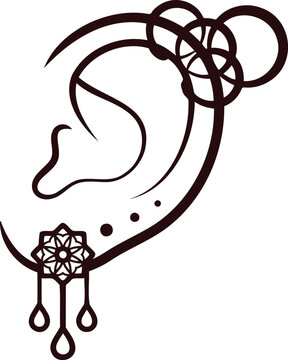 Brown line art illustration of a female ear with dangling earring and piercings