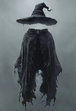 immagine di una persona invisibile che indossa un cappello a punta da mago e un mantello, image of an invisible person wearing a pointed wizard hat and a cloak
