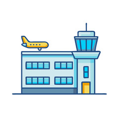 Obraz premium Airport terminal with control tower and airplane on top, cartoon vector illustration