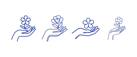 Fototapeta premium Line drawing hands holding flowers and leaves in various positions