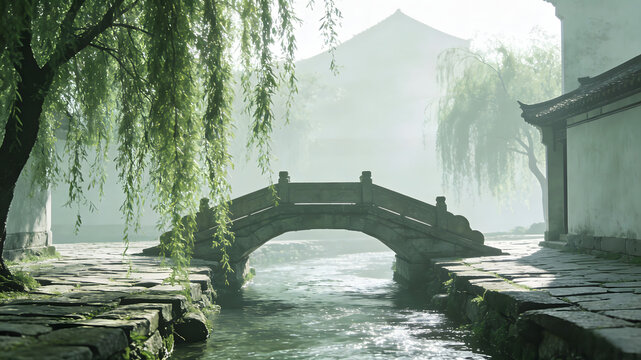 Stone arch bridge over canal with weeping willows and traditional Chinese buildings in mist