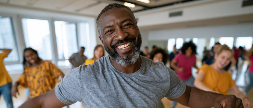 Cheerful mature African American dance instructor leading a group fitness class. Portrait of a happy black senior man dancing with diverse adults in a studio. Active lifestyle and community concept