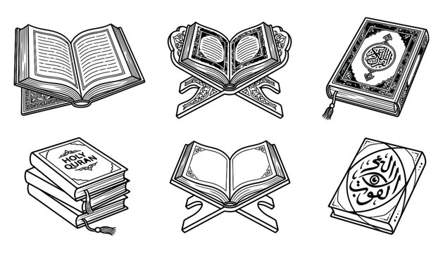 Open Quran Book Illustration Set with Islamic Holy Scripture and Religious Reading Concept