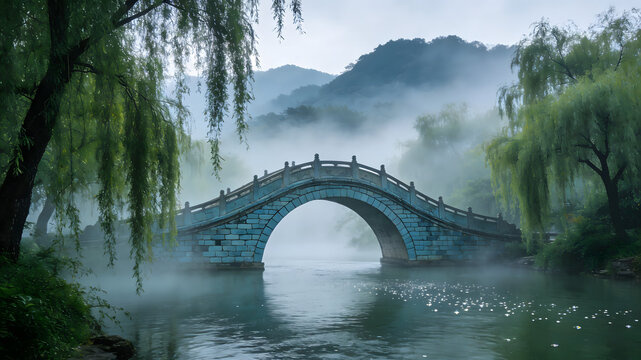 Traditional Chinese stone arch bridge over misty river with willow trees