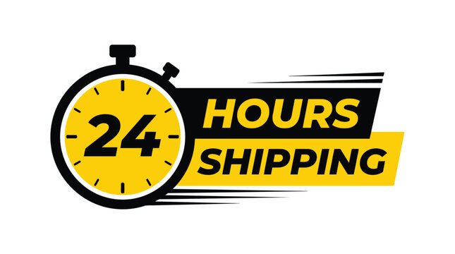 A vibrant yellow and black vector illustration depicting a fast twenty four hours shipping concept design