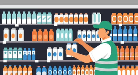 Fototapeta premium Professional retail worker in a green safety vest stocking bottles and cartons on shelves of a grocery store aisle.