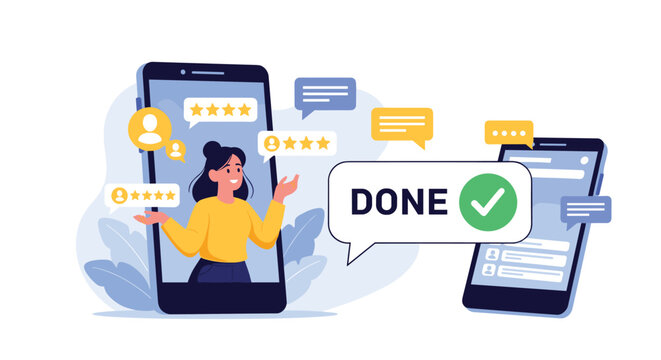 Smiling woman on a smartphone screen presenting a successful task completion with rating stars and a done message.