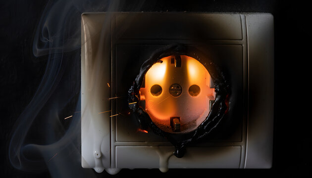 A burnt electric wall outlet melting from an electrical short circuit, emitting smoke and fire sparks, representing home hazard, fire safety risk, overloaded power supply, and faulty wiring.