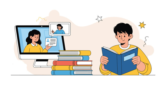 Young student studying hard and watching educational videos on a computer with a stack of textbooks on the table.