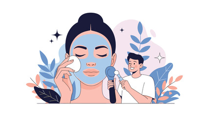 Obraz premium Woman enjoying facial treatment while professional beautician applies cosmetic products using specialized skin care tools.