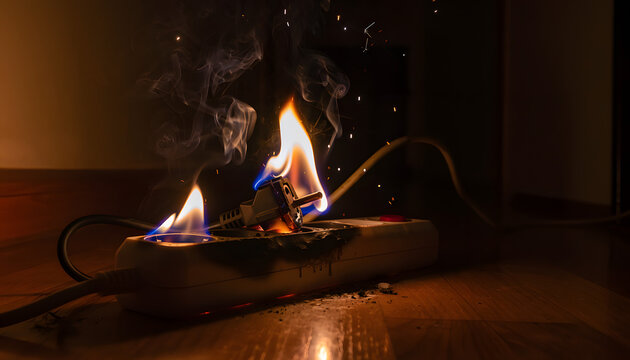 A white power strip extension cord catching fire on a wooden floor, with burning flames, melting plastic, and smoke, representing home electrical hazard, short circuit risk, and fire safety.