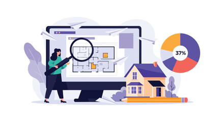 Obraz premium Architect or interior designer analyzing house floor plan and market data on screen with magnifying glass for renovation.