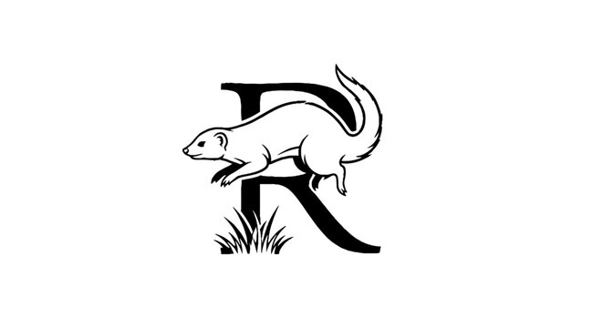 Stylized letter R with weasel illustration.