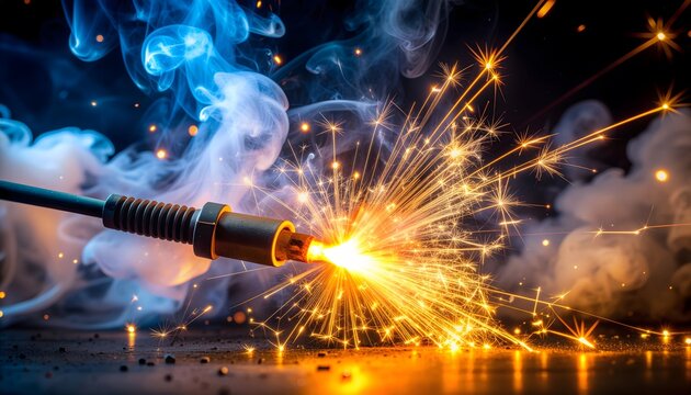Bright golden welding sparks bursting from a metal torch nozzle with thick blue and white smoke, representing industrial manufacturing, metalworking process, and heavy engineering safety.