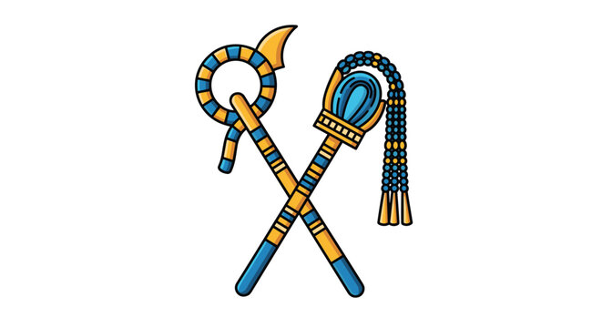 Ancient Egyptian royal symbols including the heka crook and nekhakha flail are crossed in a traditional icon design.
