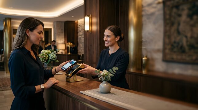 Female guest paying with smartphone at luxury hotel reception desk