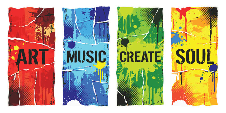 Four vertical banners with colorful paint splashes and grunge textures featuring art music create and soul text