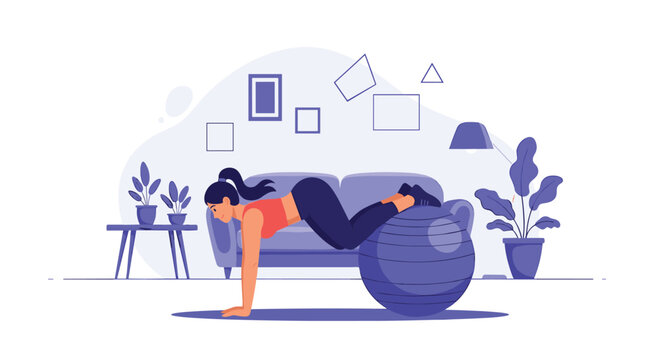 Young woman practicing core strength exercises with large gym ball in living room for healthy lifestyle and fitness training at home.