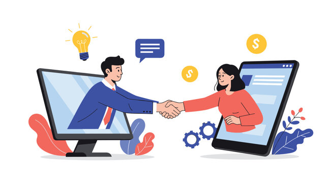 Business professionals reaching out from their digital screens to shake hands and finalize a deal through a remote video meeting.