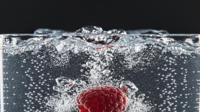 Fresh raspberry falling into sparkling water with splash and bubbles on black background, slow motion