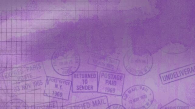 Purple abstract heterogeneous retro-style background with traces of watercolor and a school notebook with postmarks and inscriptions, looped animated texture.