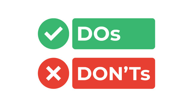 Simple vector graphic illustration showing green dos checkmark and red don'ts cross sign