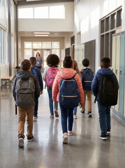 Fototapeta premium Group of elementary school students carrying backpacks walking down a school hallway towards their teacher.