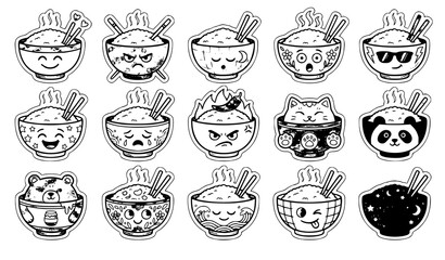 Fototapeta premium Retro Bowl of Rice Sticker Collection with Freehand Cartoon Food Characters Vector Set