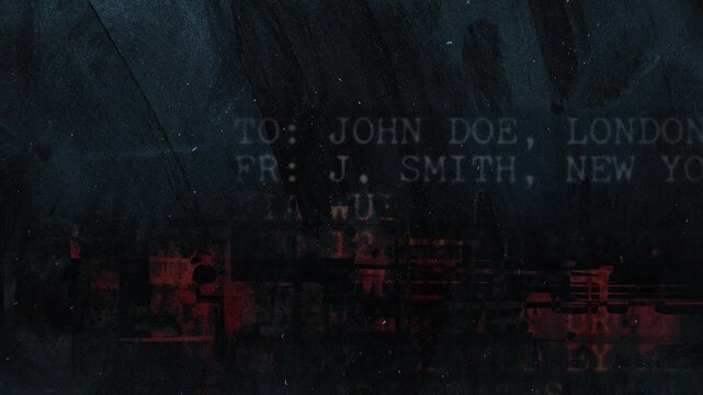 Dynamic abstract dark background with grunge texture of the surface and fragments of printed text on a retro-style typewriter, creative looping animation.