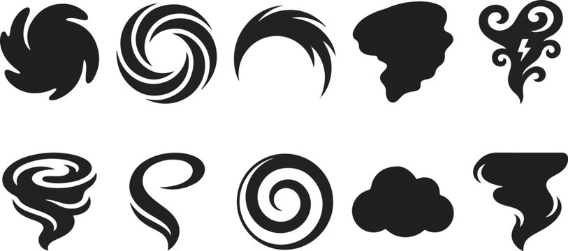 Black swirl shapes and tornado icons
