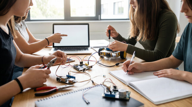 Group of female students collaborating on a STEM robotics project in a classroom, building a robot car with electronic components