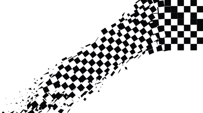 Abstract black and white checkered pattern dissolving into small scattered square fragments on white background