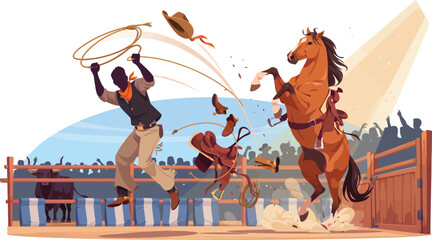 Cowboy with lasso in mid-air and bucking horse in rodeo arena with cheering crowd and bull in background © MDMUKTADIR