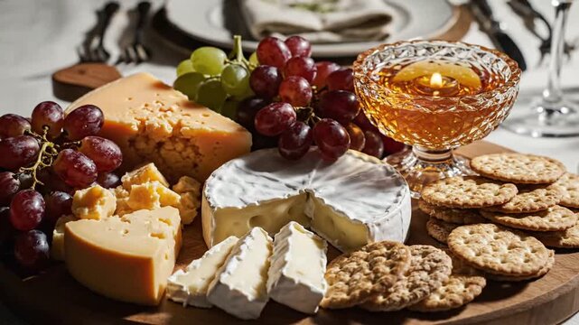 Gourmet cheese board with grapes and crackers for dining and entertaining charcuterie appetizers brie