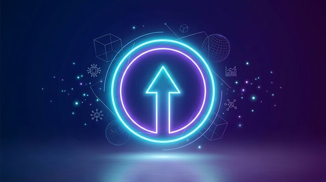 Glowing neon upward arrow symbol surrounded by abstract sci-fi data icons. Innovation concept illustrating business boost and digital progression. Suitable for technology wallpapers.