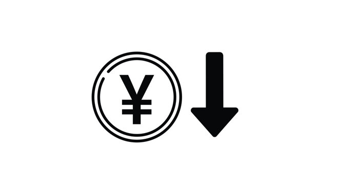 Financial graphic depicting a Japanese yen coin with a downward-pointing arrow represents a decrease in currency value.