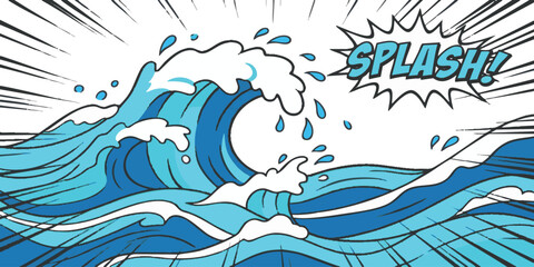Big blue ocean wave crashing with splash text in a fun retro comic book style illustration for summer design © ZenVectors